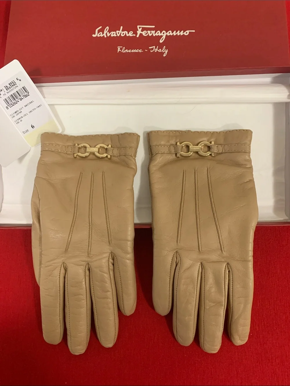 EUC Salvatore Ferragamo Tan Leather Gloves with Gold Gancini Details